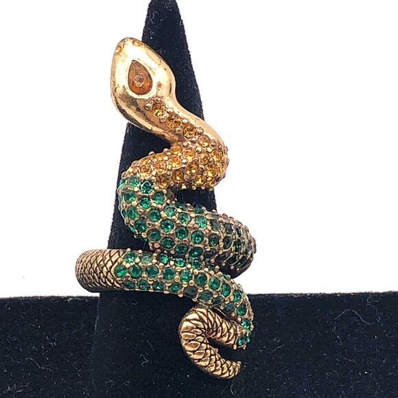 Lucky Brand Snake Wrap Ring Green & Yellow Crystal Serpent Statement Sz 6 - Picture 1 of 13